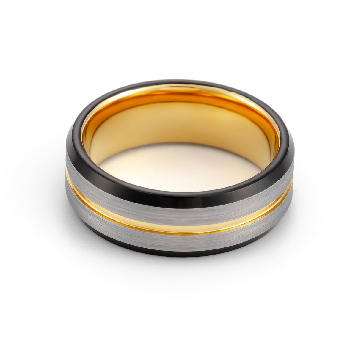 8mm- Gold Tungsten Carbide Wedding Ring w/ Brushed Center w/ black beveled edges