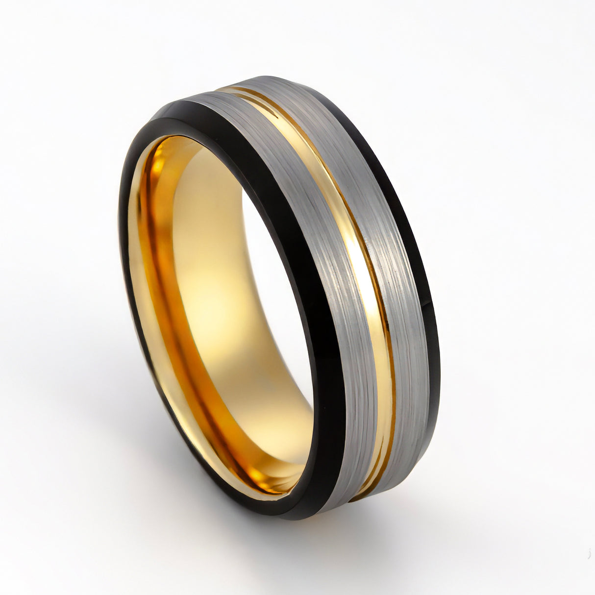 8mm- Gold Tungsten Carbide Wedding Ring w/ Brushed Center w/ black beveled edges