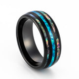 8mm- Polished black Tungsten Dome Ring W/ Blue Opal Inlay Between Two Abalone Inlays