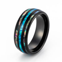 8mm- Polished black Tungsten Dome Ring W/ Blue Opal Inlay Between Two Abalone Inlays