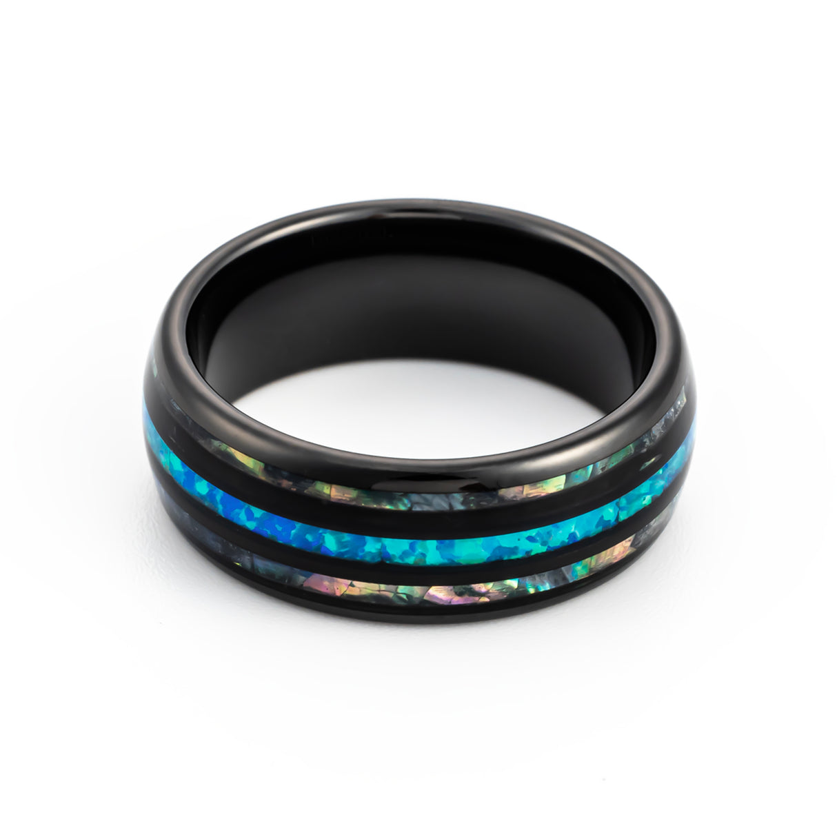 8mm- Polished black Tungsten Dome Ring W/ Blue Opal Inlay Between Two Abalone Inlays