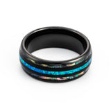 8mm- Polished black Tungsten Dome Ring W/ Blue Opal Inlay Between Two Abalone Inlays