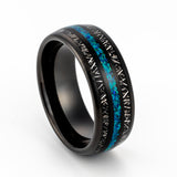 8mm - Mens Domed Tungsten Black Meteorite Ring, W/ Blue Green Opal Inlay