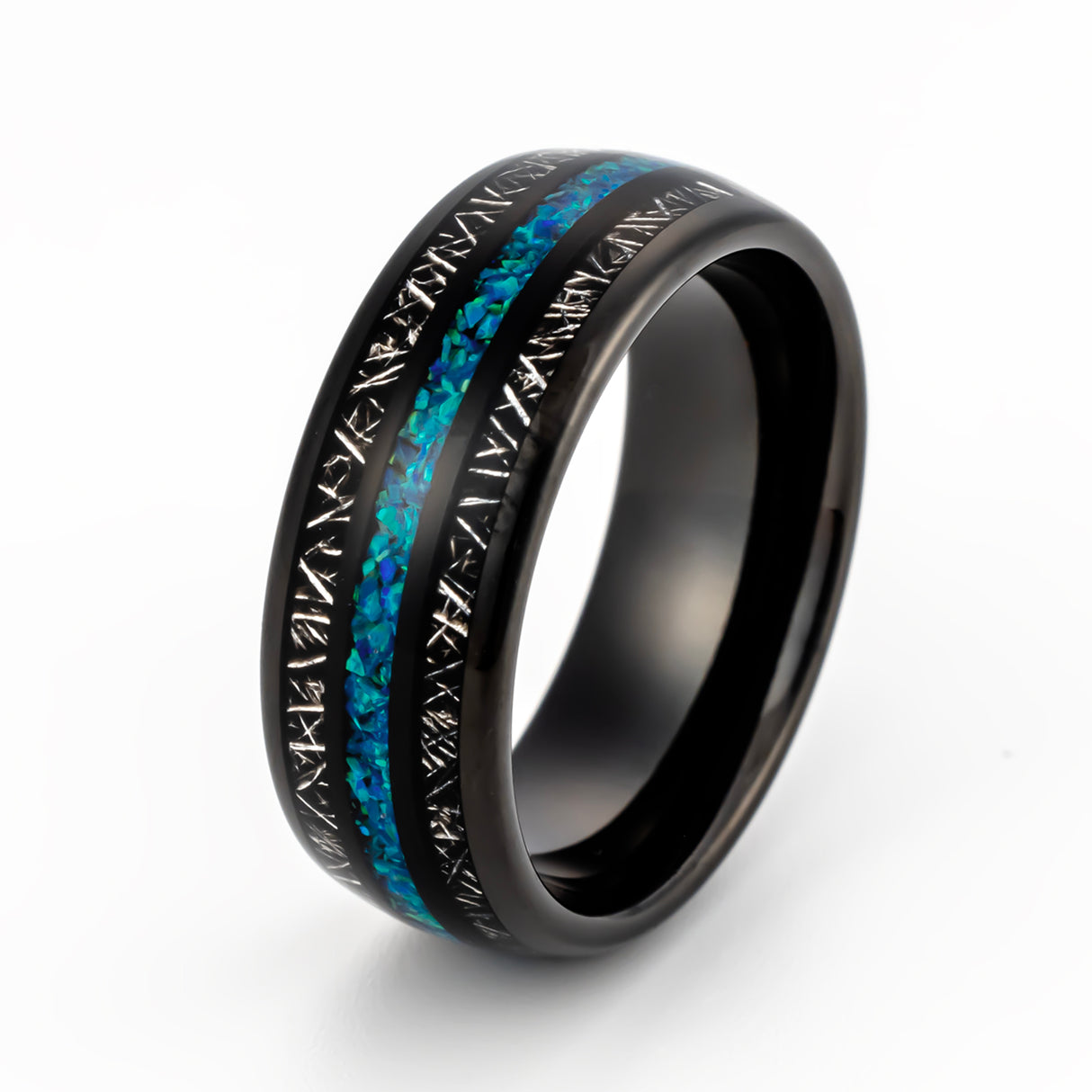 8mm - Mens Domed Tungsten Black Meteorite Ring, W/ Blue Green Opal Inlay