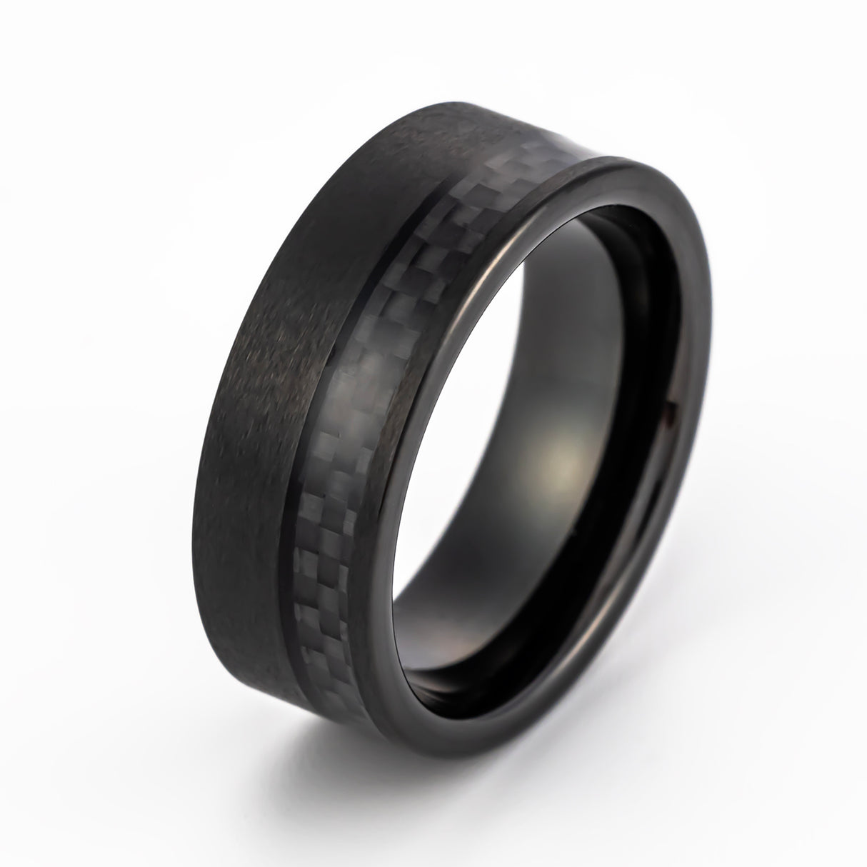 8mm Black Tungsten Wedding Band Half Black Carbon Fiber Half Brush Finish