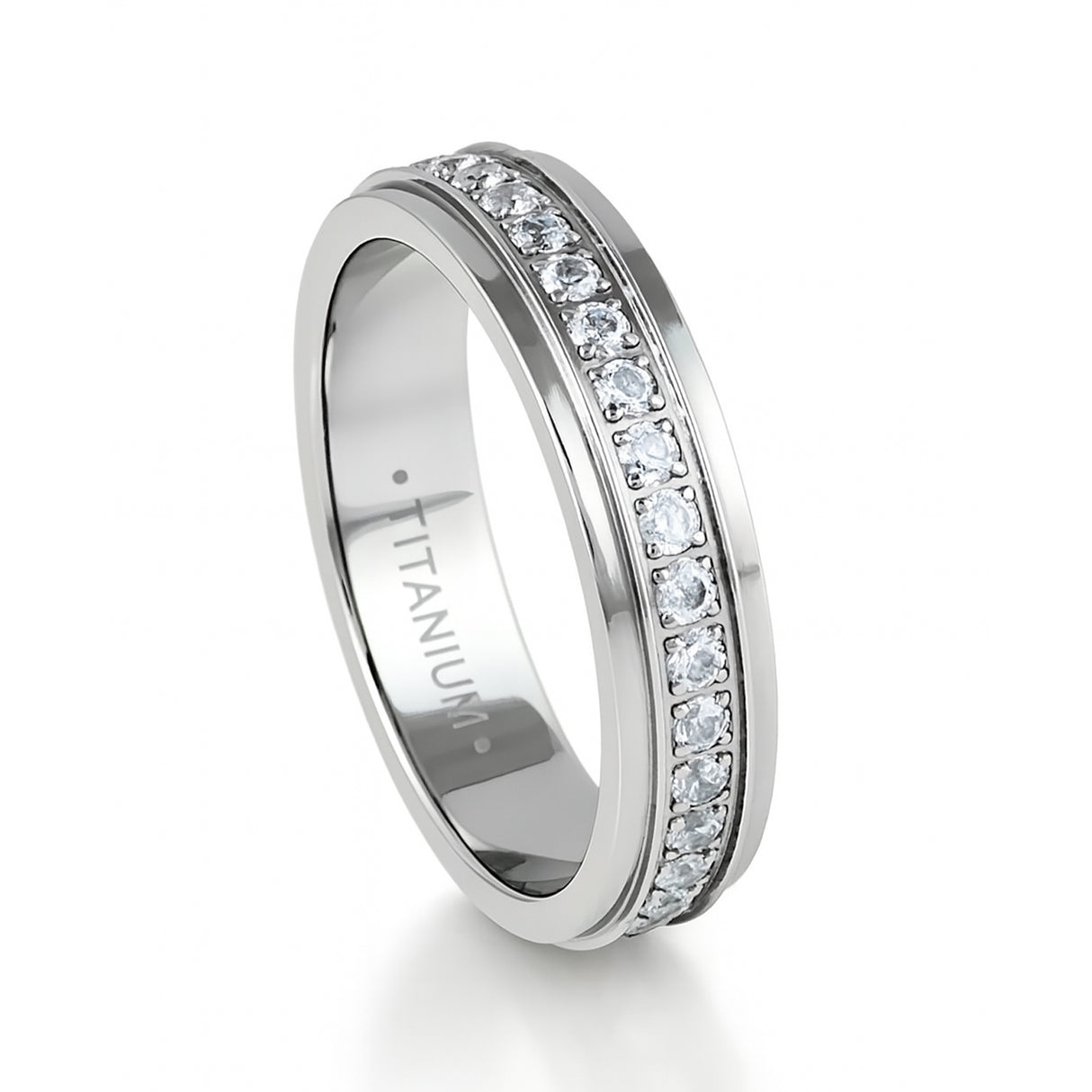 Silver Titanium Ring Full Eternity White Cubic Zircon Diamonds Stepped Edges 5mm