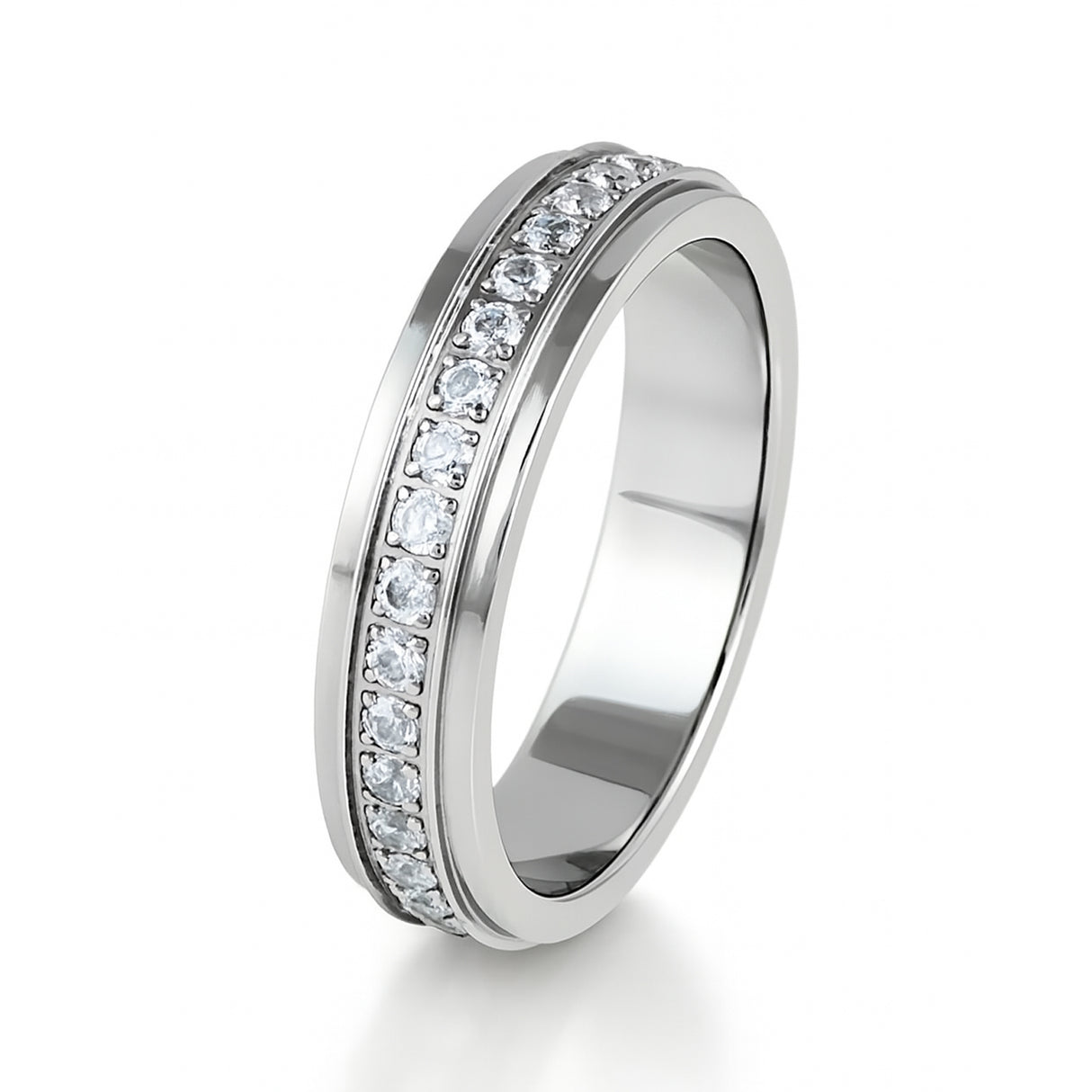 Silver Titanium Ring Full Eternity White Cubic Zircon Diamonds Stepped Edges 5mm