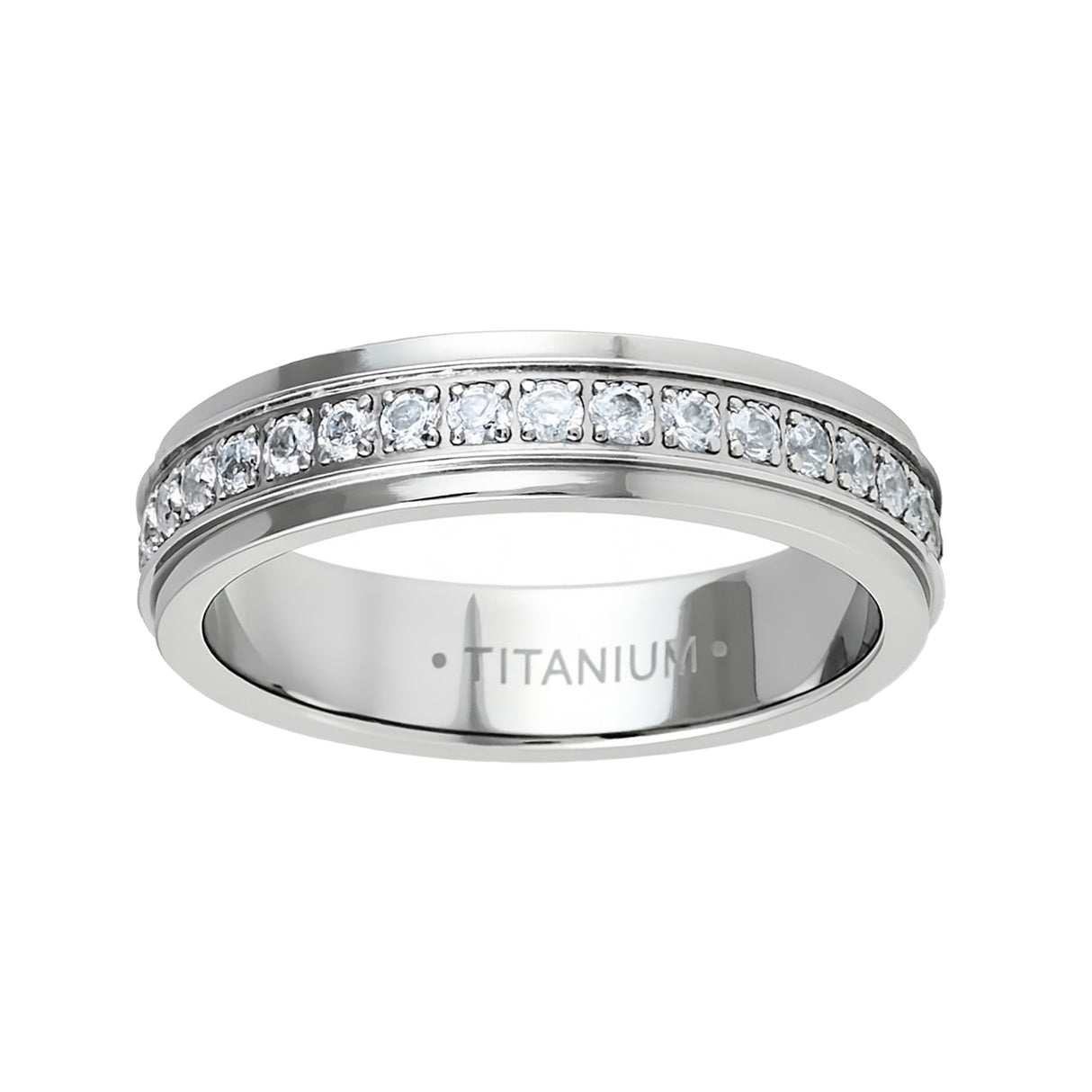 Silver Titanium Ring Full Eternity White Cubic Zircon Diamonds Stepped Edges 5mm