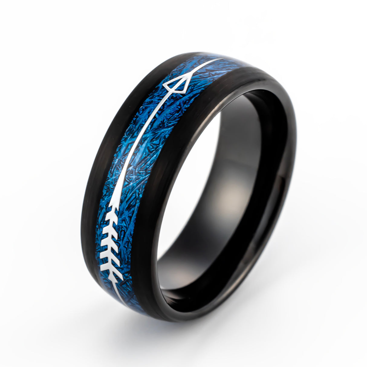 8mm-Black Tungsten Ring w/ Feathered Arrow inlay on Blue Meteorite