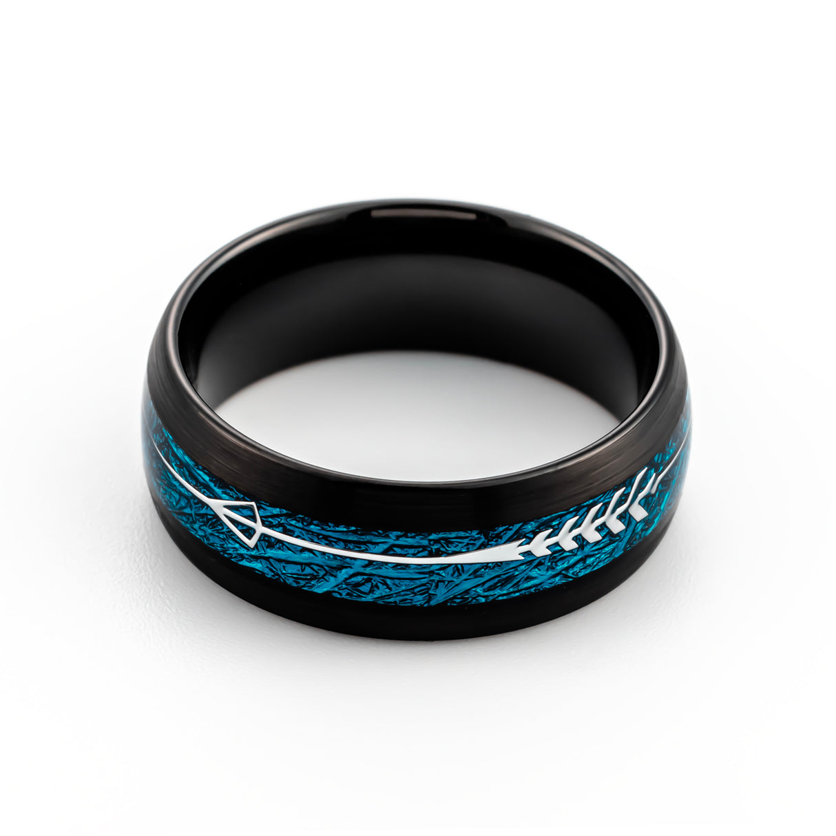 8mm-Black Tungsten Ring w/ Feathered Arrow inlay on Blue Meteorite