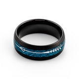 8mm-Black Tungsten Ring w/ Feathered Arrow inlay on Blue Meteorite