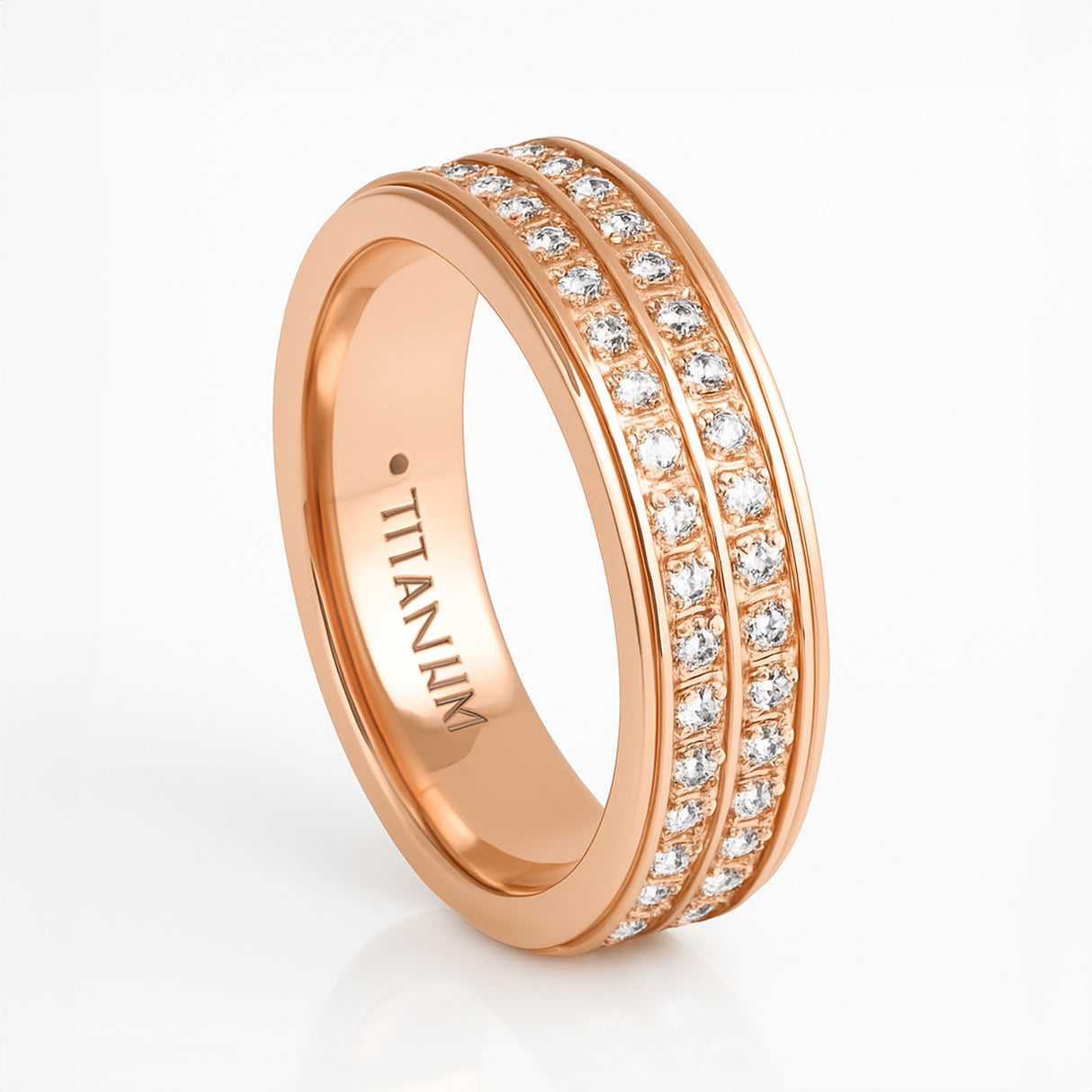 Rose Gold Titanium Ring Full Eternity White Cubic Zircon Diamonds Stepped Edges 6mm