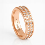 Rose Gold Titanium Ring Full Eternity White Cubic Zircon Diamonds Stepped Edges 6mm