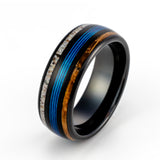 8mm- Black Tungsten Dome ring w/ Blue Fishing line between whiskey Barrel Oak Wood and Deer Antler Inlays