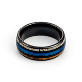 8mm- Black Tungsten Dome ring w/ Blue Fishing line between whiskey Barrel Oak Wood and Deer Antler Inlays