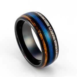 8mm- Black Tungsten Dome ring w/ Blue Fishing line between whiskey Barrel Oak Wood and Deer Antler Inlays