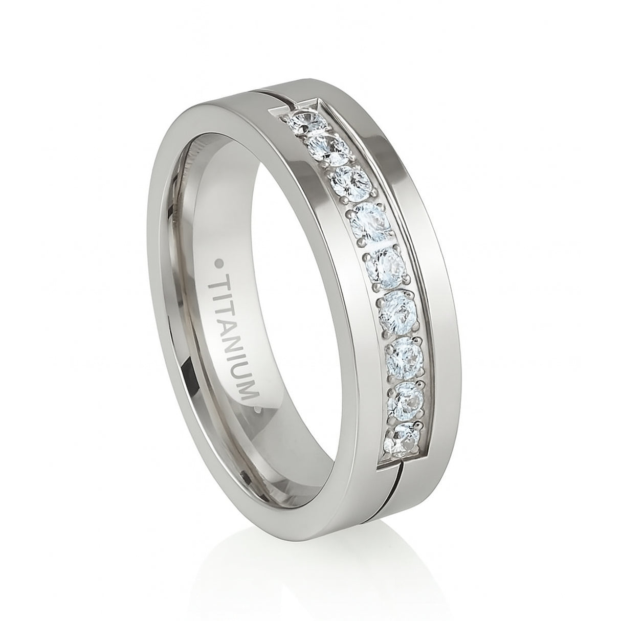 Silver Titanium Wedding Band W/ 9 CZ Diamond Inlay High Polish 6mm