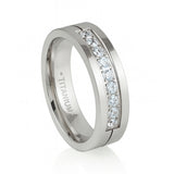 Silver Titanium Wedding Band W/ 9 CZ Diamond Inlay High Polish 6mm