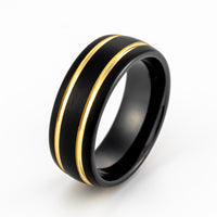 8mm- Black Tungsten Carbide Dome Ring w/ Two Yellow Gold Grooves