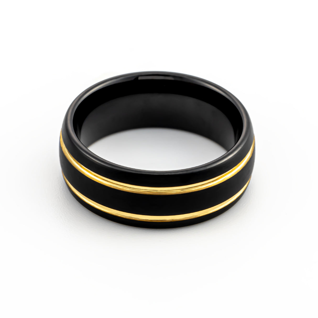 8mm- Black Tungsten Carbide Dome Ring w/ Two Yellow Gold Grooves