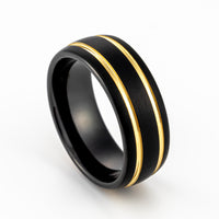 8mm- Black Tungsten Carbide Dome Ring w/ Two Yellow Gold Grooves