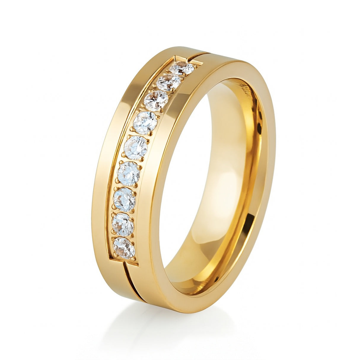 Gold Titanium Wedding Band W/ 9 CZ Diamond Inlay High Polish 8mm
