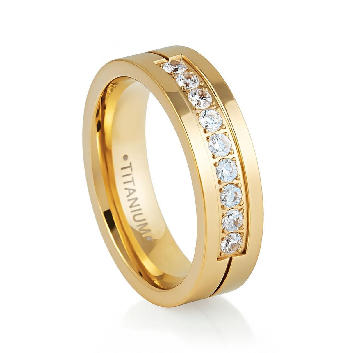 Gold Titanium Wedding Band W/ 9 CZ Diamond Inlay High Polish 8mm