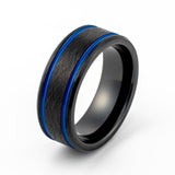 8mm-Black Beveled edge Tungsten Carbide ring w/ Two Blue Off Center Grooves