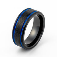 8mm-Black Beveled edge Tungsten Carbide ring w/ Two Blue Off Center Grooves