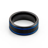 8mm-Black Beveled edge Tungsten Carbide ring w/ Two Blue Off Center Grooves