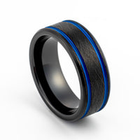 8mm-Black Beveled edge Tungsten Carbide ring w/ Two Blue Off Center Grooves