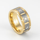 8mm- 14k Gold & silver brushed center Tungsten Carbide ring w/ 3 CZ Diamonds inlaid groove