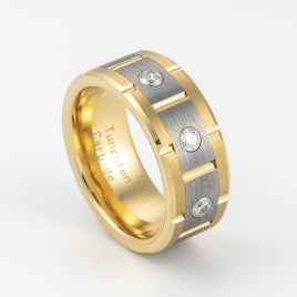 8mm- 14k Gold & silver brushed center Tungsten Carbide ring w/ 3 CZ Diamonds inlaid groove