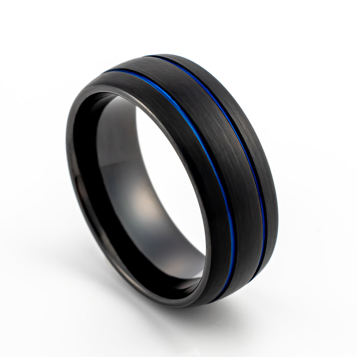 8mm Mens Black Tungsten Wedding Band W/ 2 Blue Groove Brushed Center Dome ring