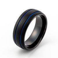 8mm Mens Black Tungsten Wedding Band W/ 2 Blue Groove Brushed Center Dome ring
