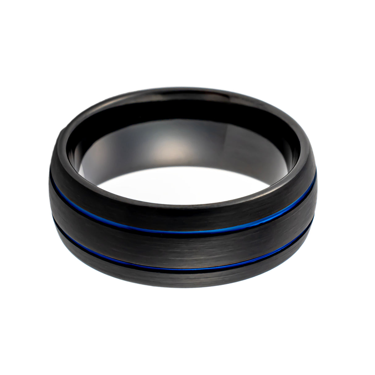 8mm Mens Black Tungsten Wedding Band W/ 2 Blue Groove Brushed Center Dome ring