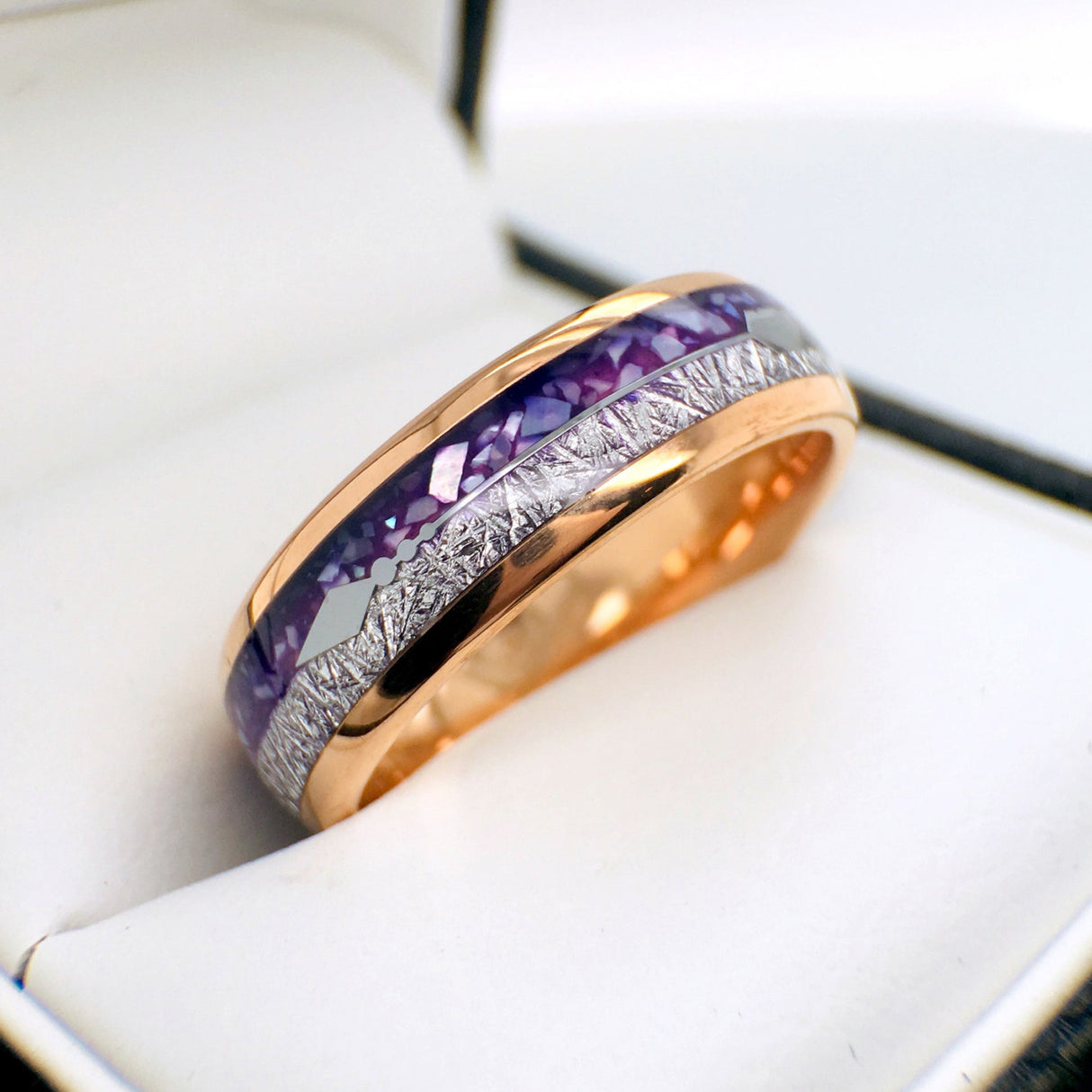 6mm- Rose Gold Arrow Ring Tungsten Dome Ring W/ Purple Agate & Meteorite