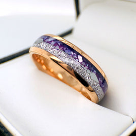 6mm- Rose Gold Arrow Ring Tungsten Dome Ring W/ Purple Agate & Meteorite