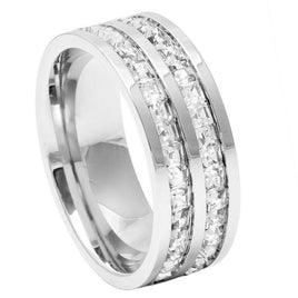 8mm - Mens Silver Titanium Double Row Princess Cut Unplated Ring