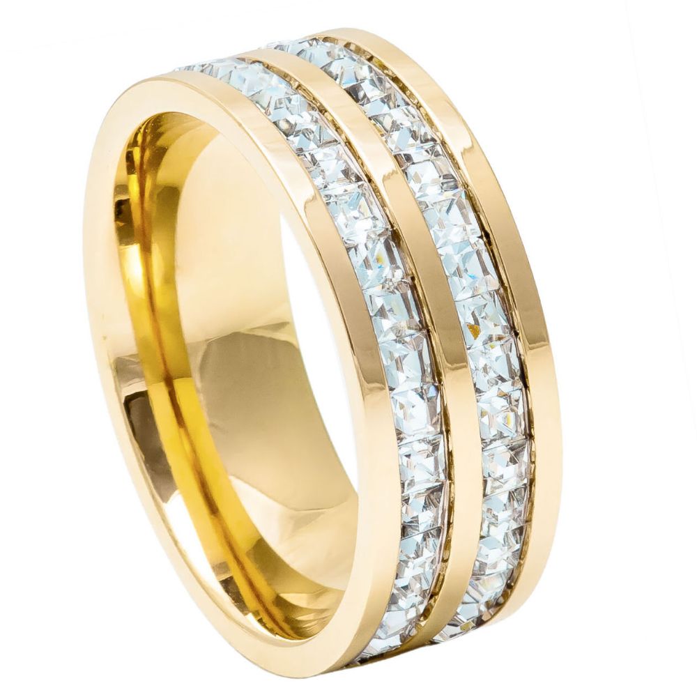 8mm - Mens Yellow Gold IP Plated Titanium Double Row Princess Cut Ring