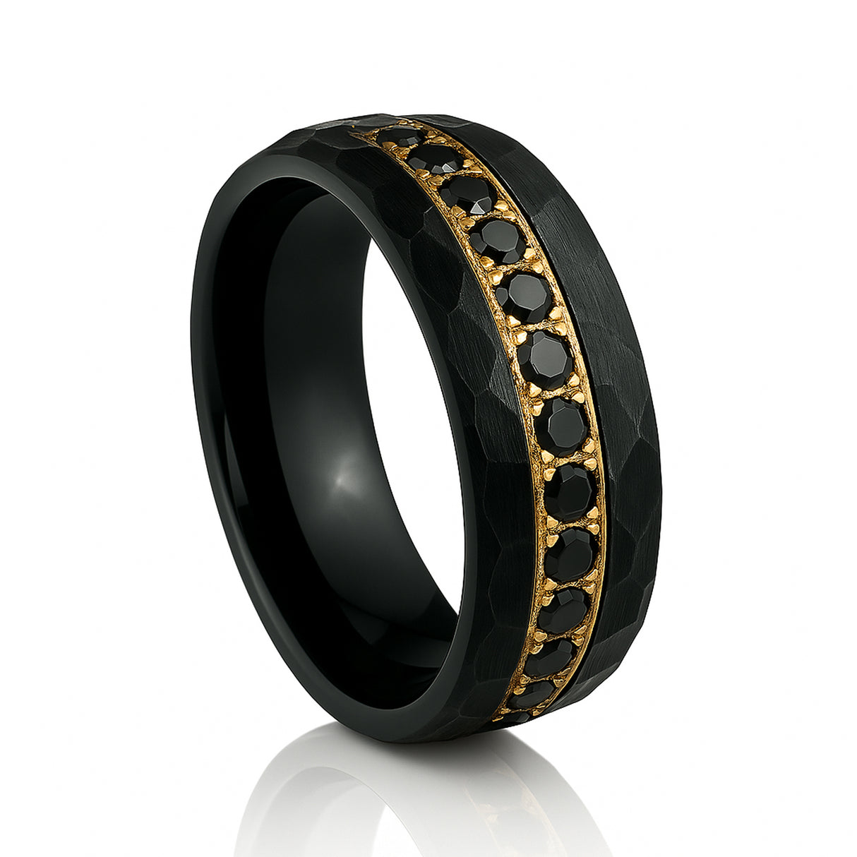 8mm - Black & Gold Tungsten Hammered Wedding Band, with Black Sapphires Ring