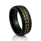 8mm - Black & Gold Tungsten Hammered Wedding Band, with Black Sapphires Ring