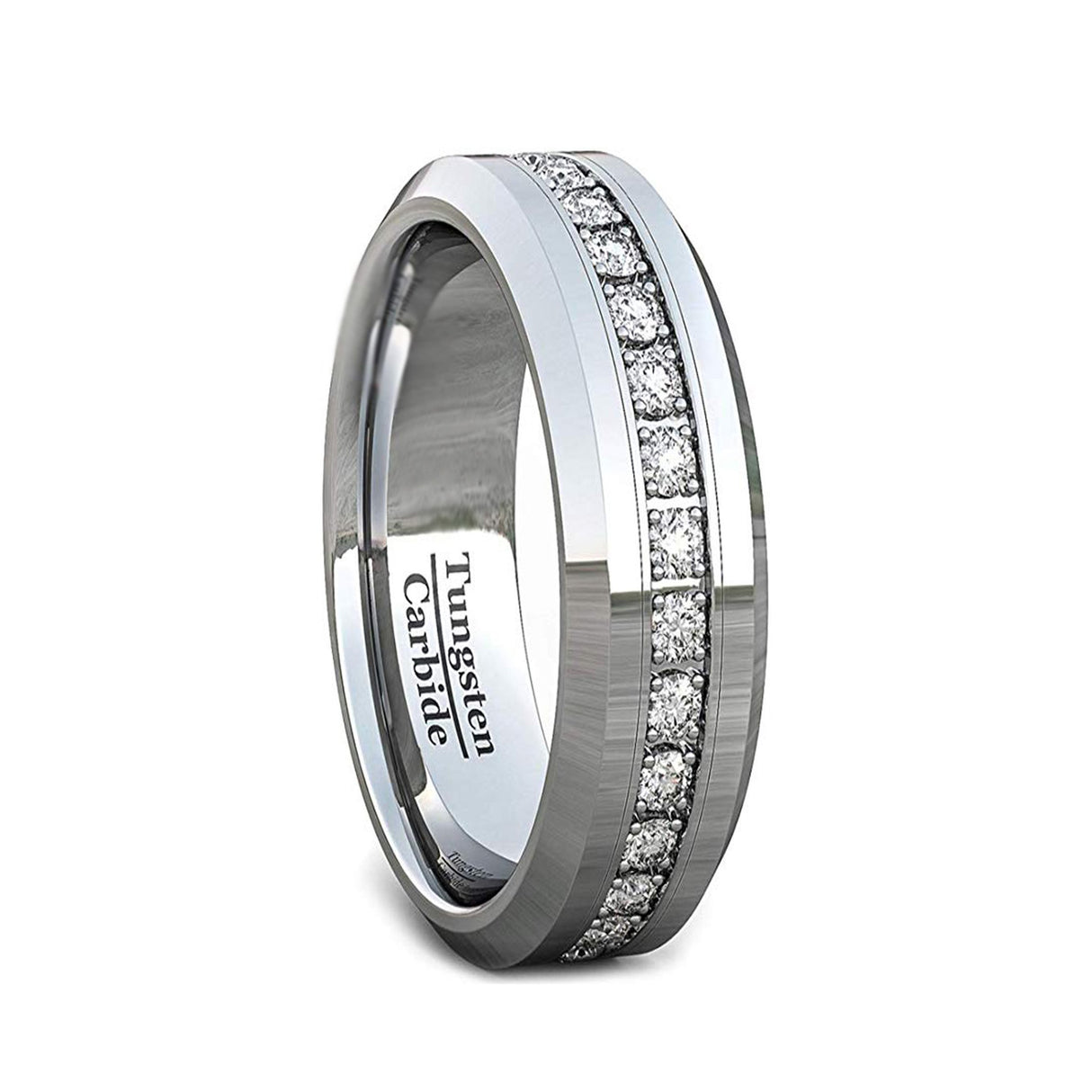 6mm - Tungsten Carbide Wedding Band Fully Stacked Cubic Zircon Beveled Edge Comfort Fit