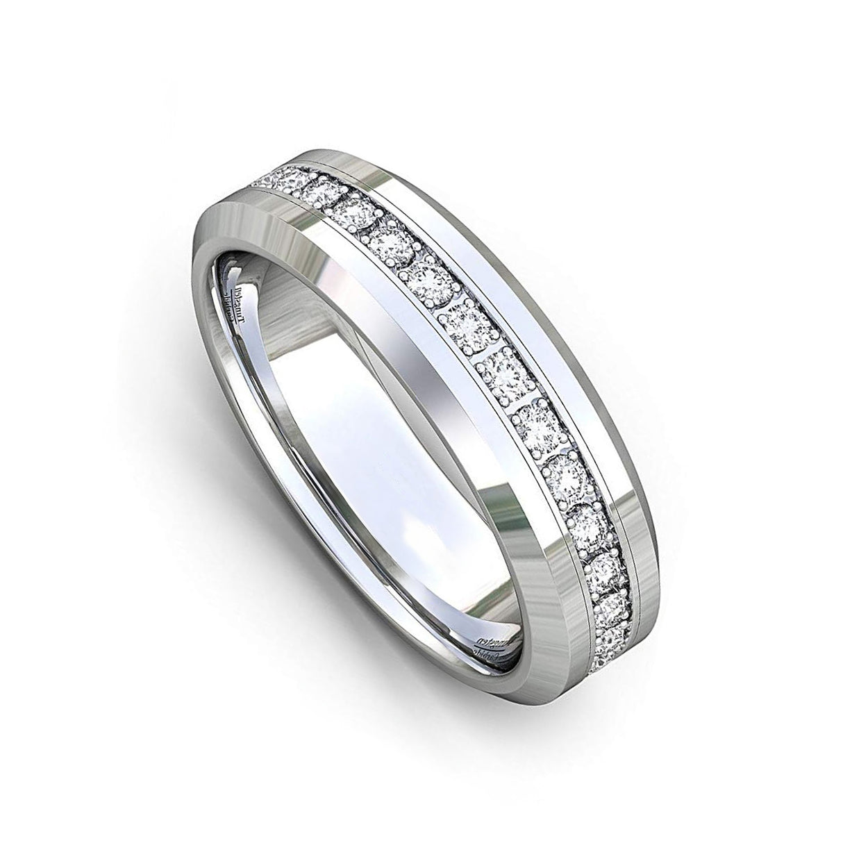 6mm - Tungsten Carbide Wedding Band Fully Stacked Cubic Zircon Beveled Edge Comfort Fit