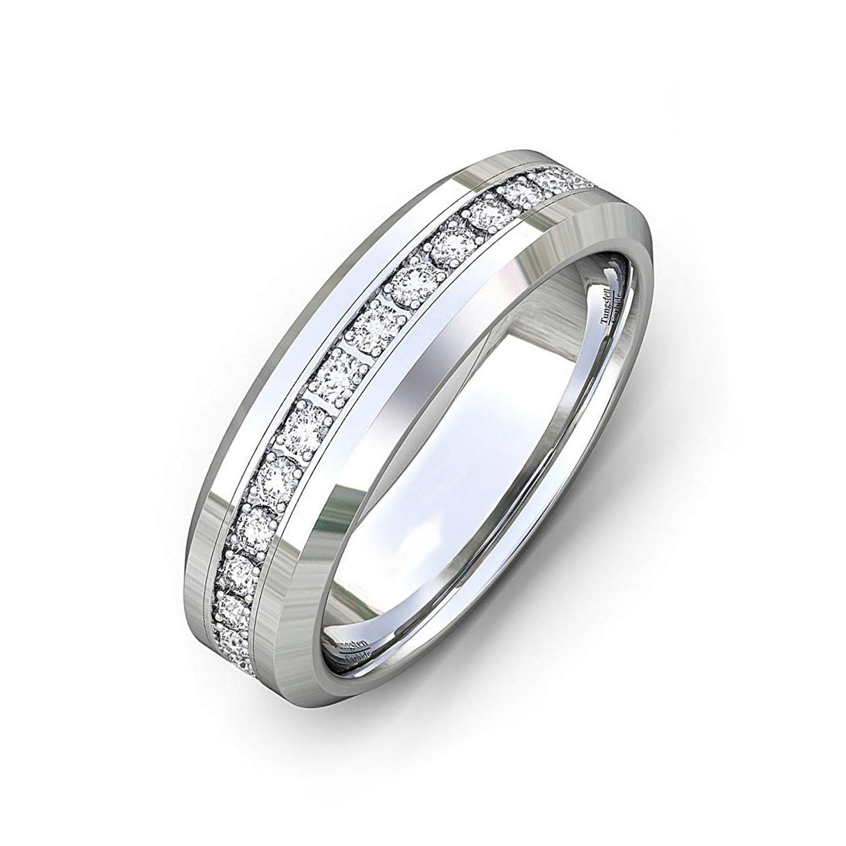6mm - Tungsten Carbide Wedding Band Fully Stacked Cubic Zircon Beveled Edge Comfort Fit