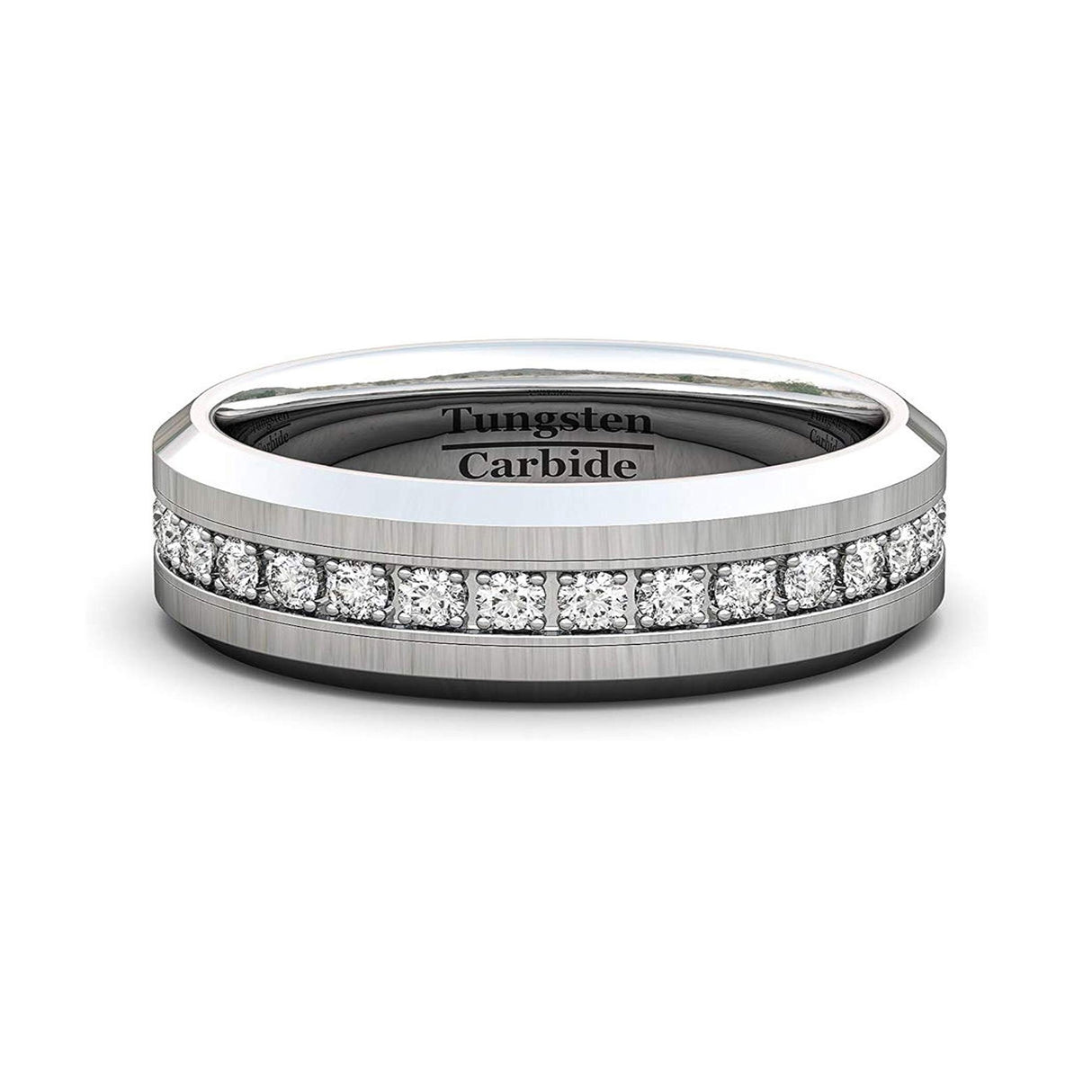 6mm - Tungsten Carbide Wedding Band Fully Stacked Cubic Zircon Beveled Edge Comfort Fit