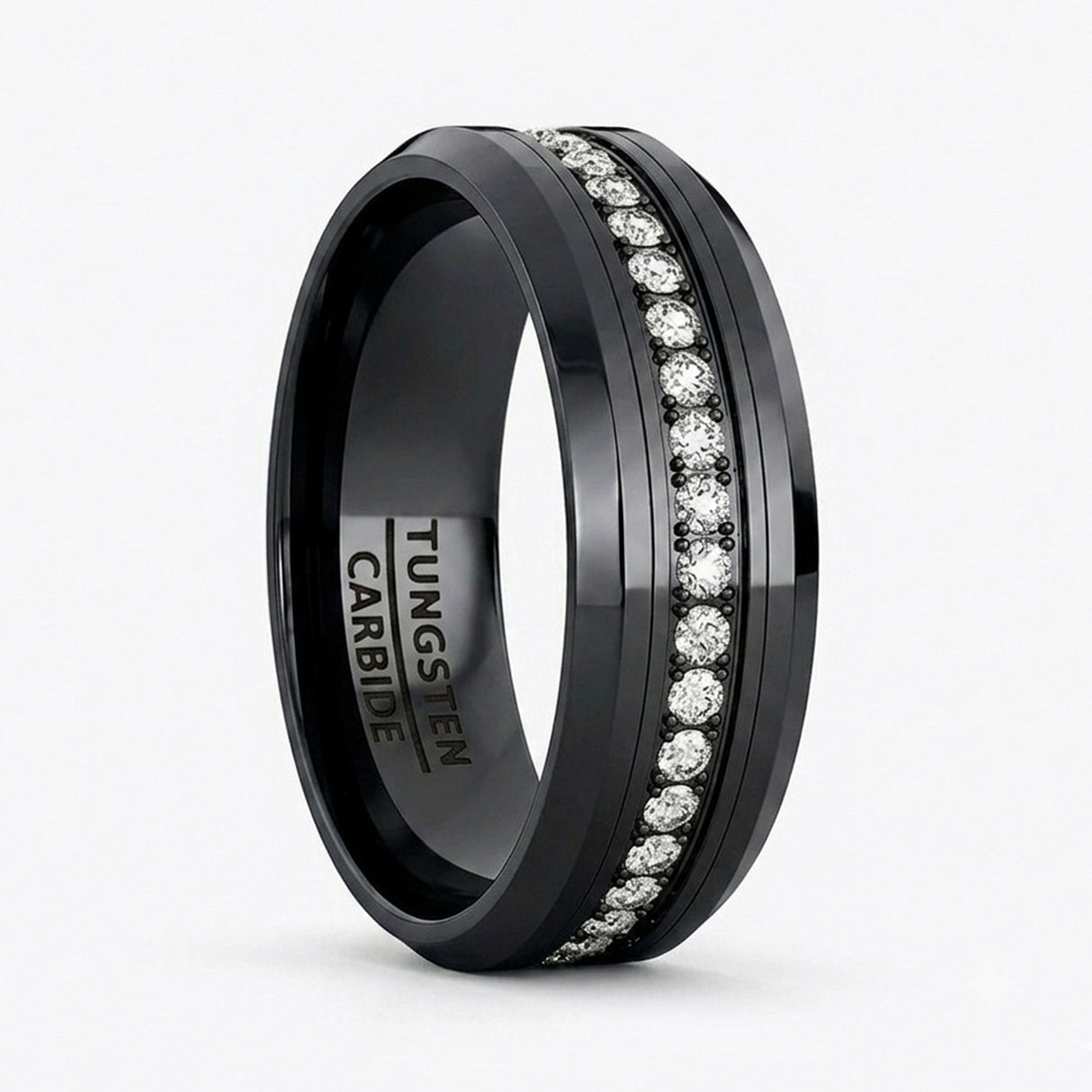 8mm - Black Tungsten Carbide Wedding Band Fully Stacked Cubic Zircon Beveled Edge Comfort Fit