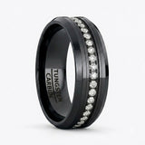8mm - Black Tungsten Carbide Wedding Band Fully Stacked Cubic Zircon Beveled Edge Comfort Fit