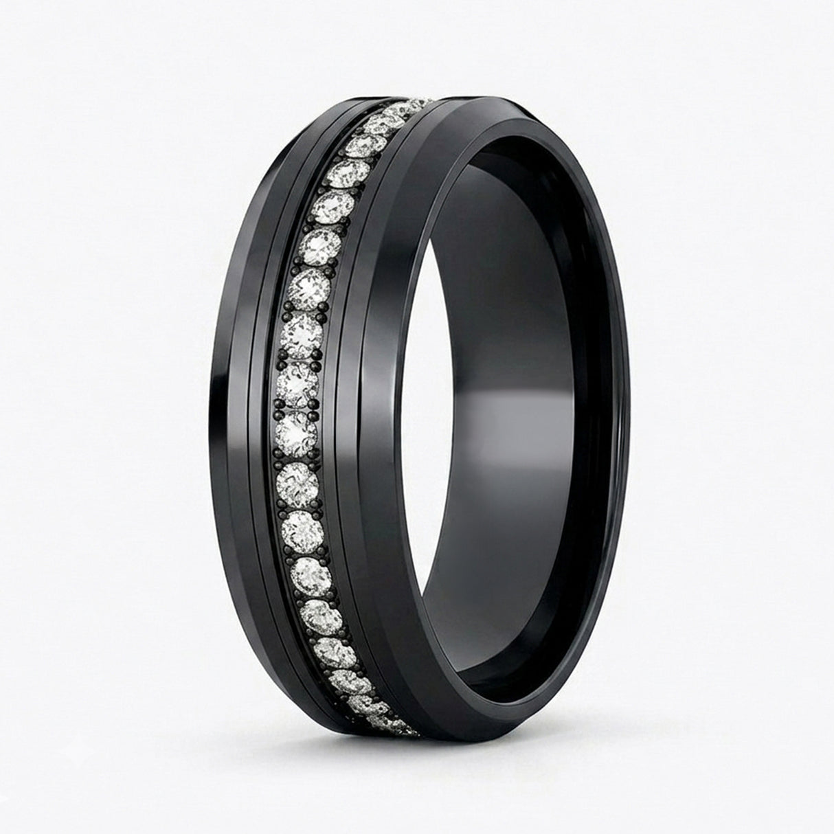 8mm - Black Tungsten Carbide Wedding Band Fully Stacked Cubic Zircon Beveled Edge Comfort Fit