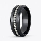 8mm - Black Tungsten Carbide Wedding Band Fully Stacked Cubic Zircon Beveled Edge Comfort Fit